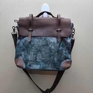 Jesslyn Blake Anthropologie Canvas & Leather Crossbody Messenger Bag Brown Blue